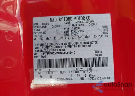 2008 Ford F-150 Fx2/Stx/Xlt from USA, damaged, VIN 1FTRF02WX8KE31940